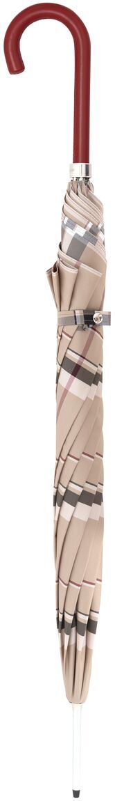 Der Schirm »Elegance Classic« mit Ledergriff ist ein eleganter Regenschirm mit einem gemusterten Stoffdesign in Beige- und Brauntönen und einem geschwungenen, roten Ledergriff. Der Schirm wirkt hochwertig und stilvoll.