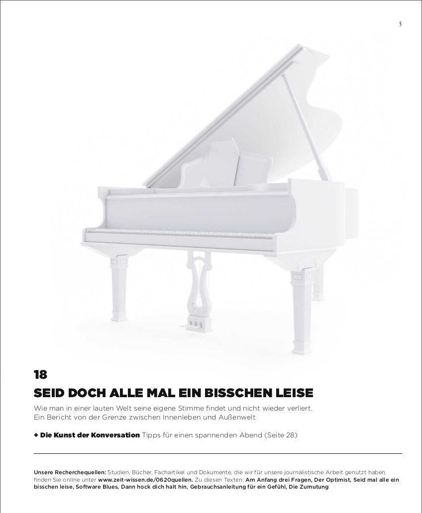 Das Cover des Magazins ZEIT WISSEN 6/20 mit dem Titel: "Seid doch alle mal ein bisschen leise" zeigt ein weißes Klavier auf weißem Hintergrund. Unter dem Titel befindet sich ein Textteil und weiter unten die redaktionellen Informationen.