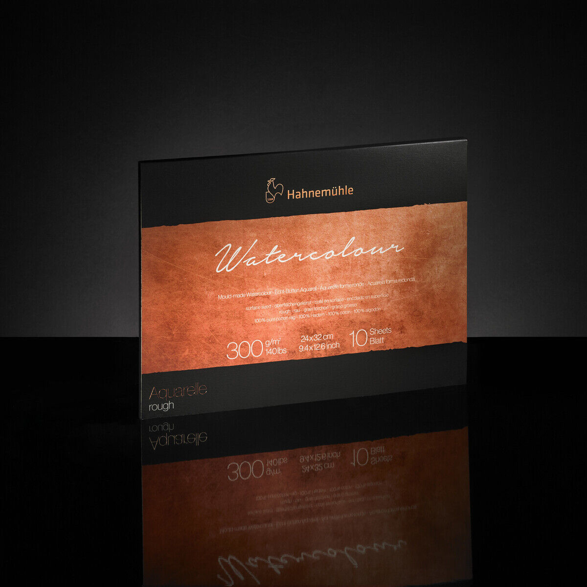 Produktbild von Hahnemühle Aquarellpapier 'The Collection »Watercolour« 300 gsm', schwarzes Cover mit kupferfarbenem Banner und weißer Schrift.