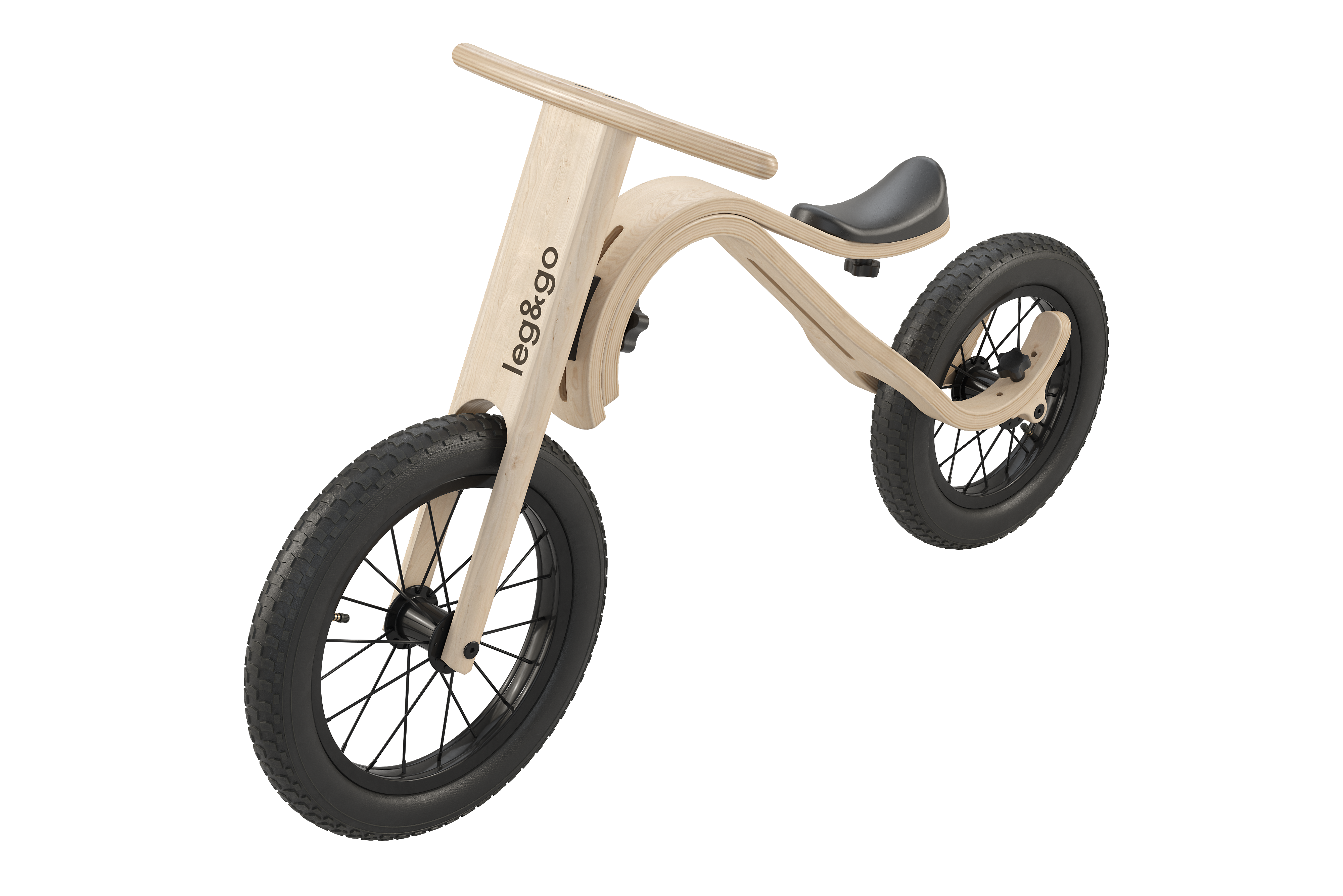 Abgebildet ist ein modernes 3-in-1 Balance Bike aus hellem Holz mit schwarzem Sattel und schwarzen Reifen. Das Laufrad hat ein innovatives und minimalistisches Design, eignet sich für Kinder und fördert die Motorik sowie den Gleichgewichtssinn beim Spielen und draußen Fahren.