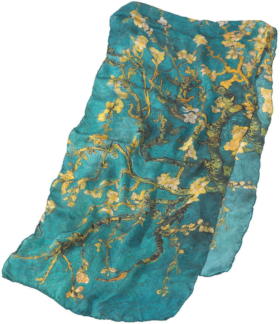 Seidenschal mit dem Design »Blühende Mandelbaumzweige« von Vincent van Gogh. Grüne und blaue Hintergrundfarbe mit gelben und weißen Mandelblüten. Luxuriöses Modeaccessoire für Kunstliebhaber.