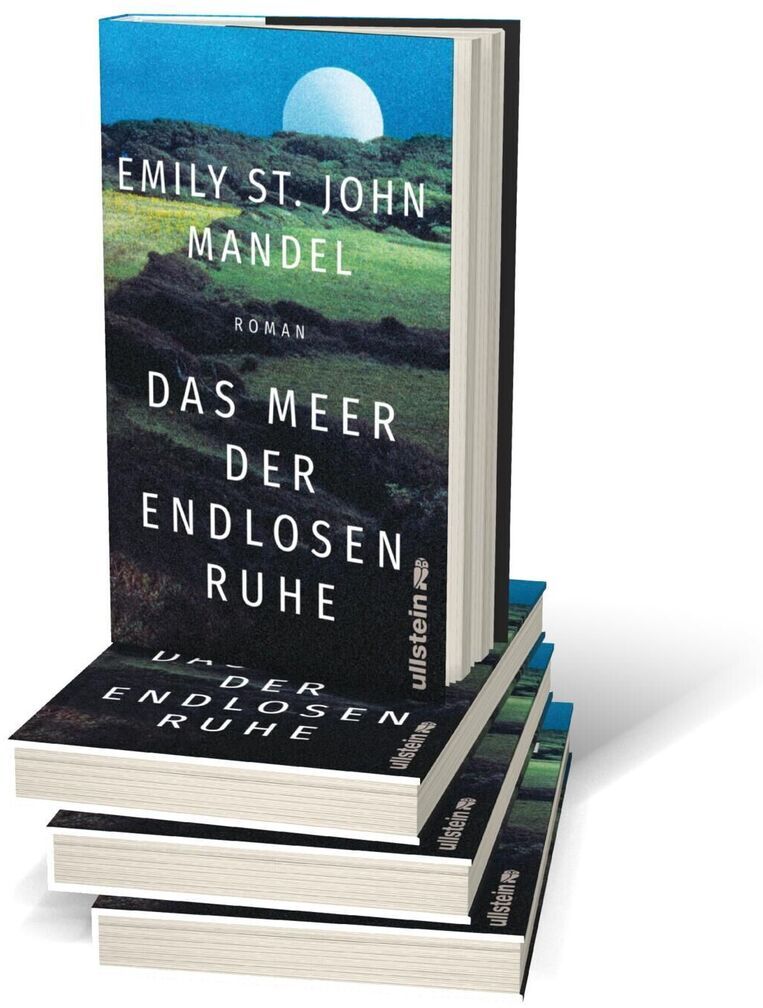 Das Bild zeigt das Buch 'Das Meer der endlosen Ruhe' von Emily St. John Mandel. Es handelt sich um einen Science-Fiction-Roman, der in einer futuristischen und postapokalyptischen Welt spielt. Das Cover ist in Blau- und Grüntönen gehalten und zeigt einen Nachthimmel mit einem leuchtenden Mond. Mehrere Exemplare des Buches sind zu einem Stapel aufeinander gelegt.