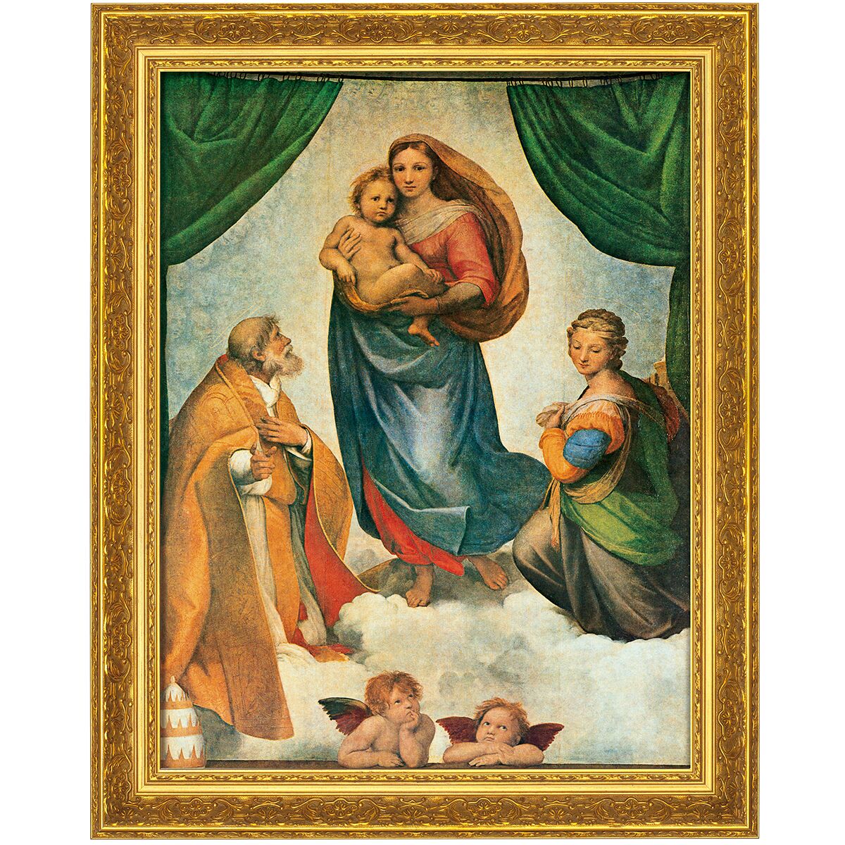 Das gerahmte Giclée-Bild "Sixtinische Madonna" von Raffaelo Santi zeigt eine Madonna mit Kind, flankiert von zwei stimmungsvoll gestalteten Heiligen. Die Szene ist in weichen Farben auf Leinwand gedruckt. Der üppig vergoldete, barocke Rahmen hebt das Kunstwerk und seinen detailreichen Hintergrund hervor.