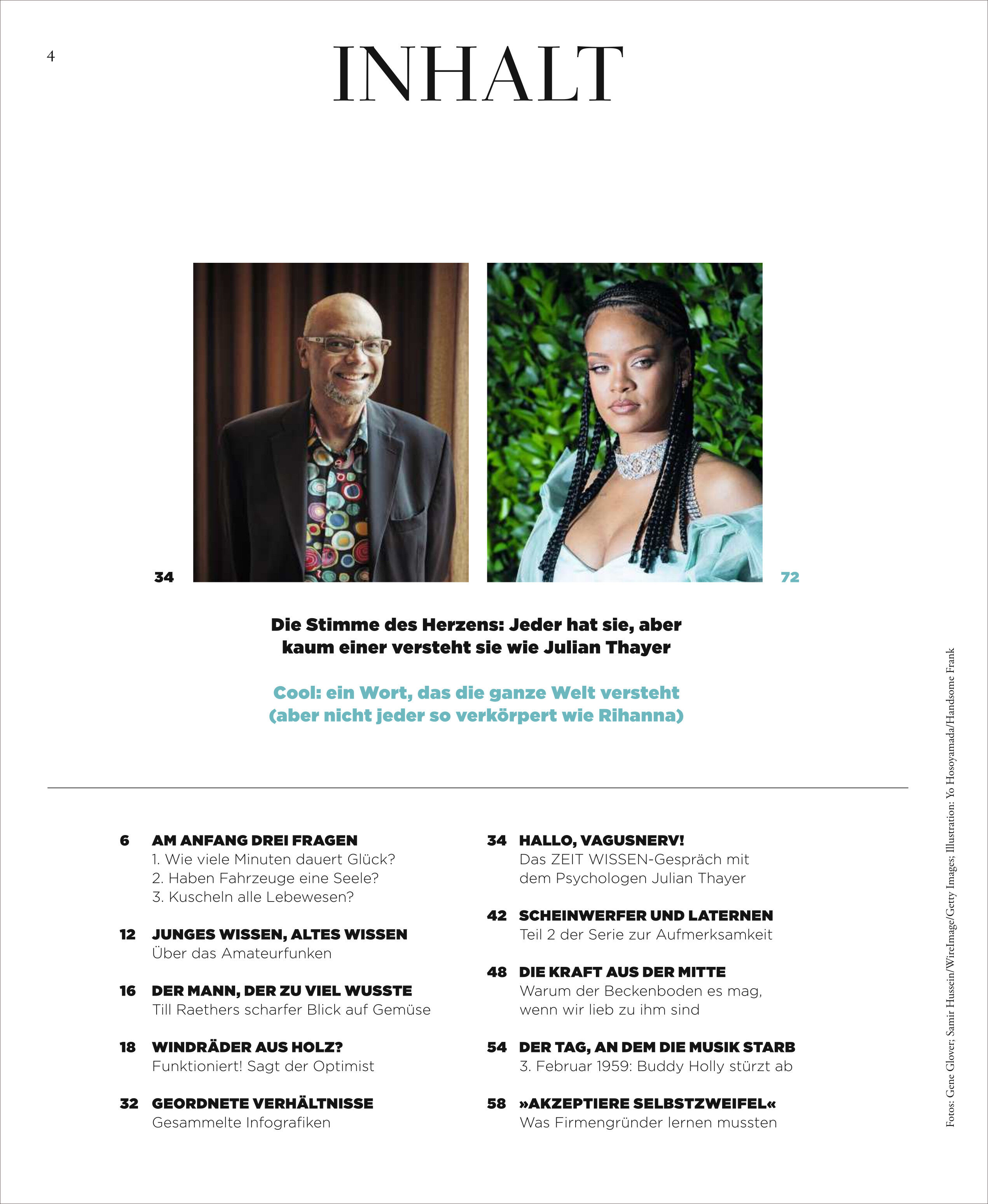 Das Bild zeigt das Inhaltsverzeichnis der Ausgabe 6/25 des Magazins ZEIT WISSEN mit Porträtfotos von zwei Personen oben links und rechts, begleitet von Artikeltiteln, Seitenzahlen und kurzen Beschreibungen auf weißem Hintergrund. Die Themen drehen sich um Wissen, Gesellschaft und persönliche Geschichten.