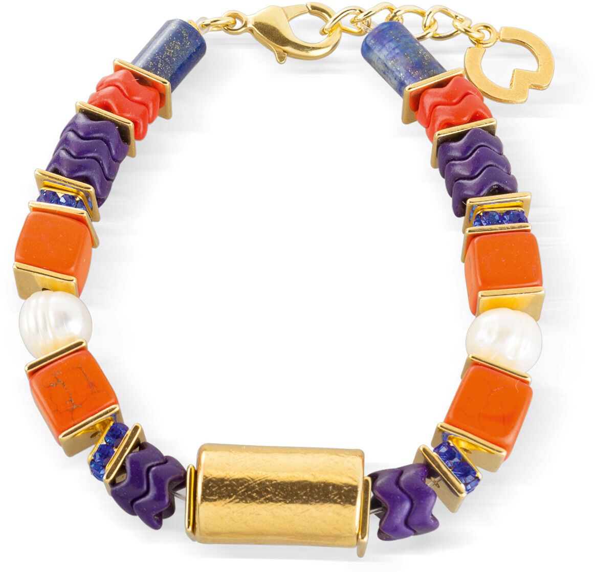 Armband von Petra Waszak aus dem Schmuckset 'Soleil Levant' mit orangefarbenen, violetten und blauen Keramikperlen, weißen Perlen und goldenen Details.