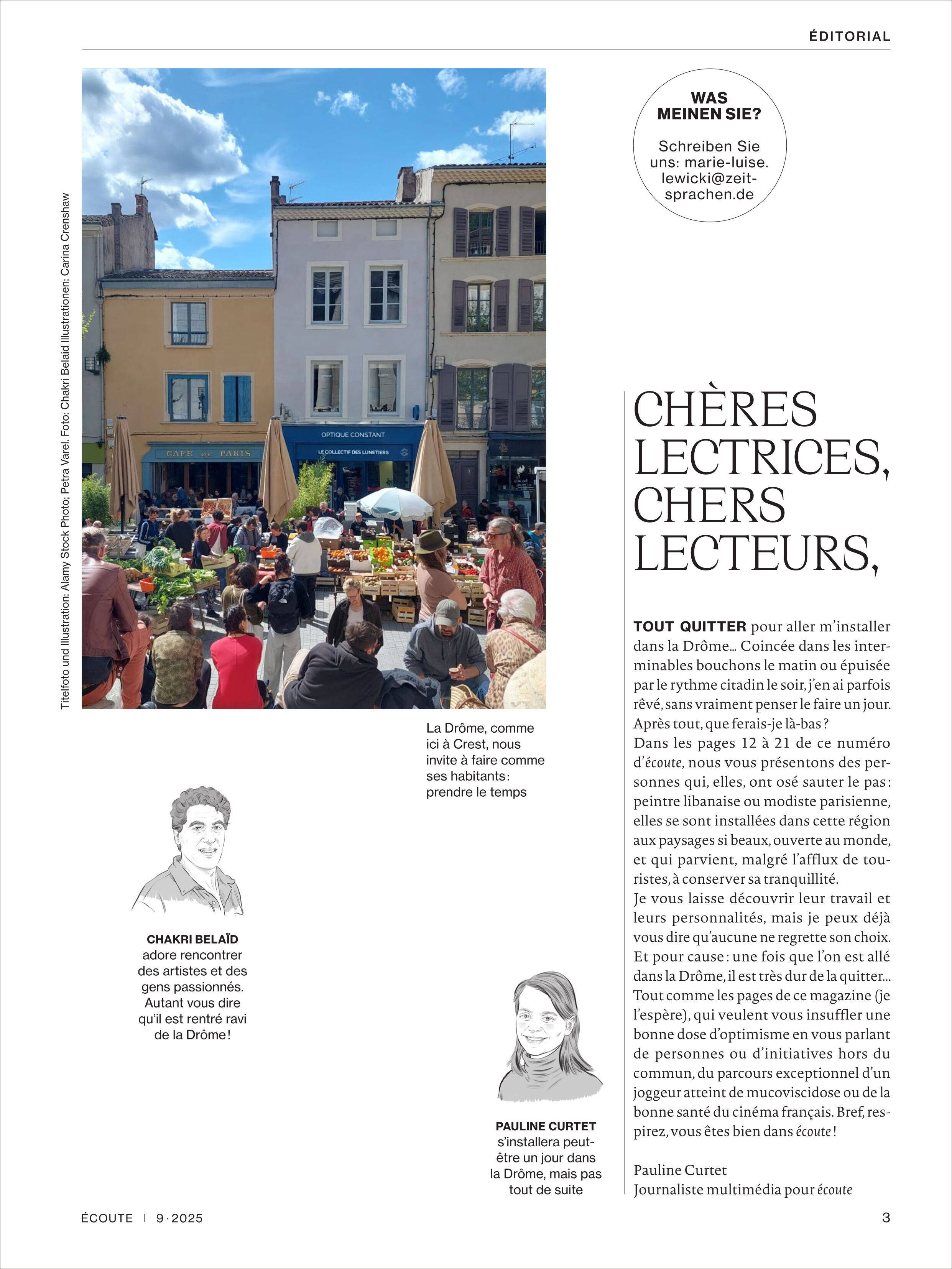 Das Titelbild des Écoute Magazins Ausgabe 9/2025 zeigt eine belebte Straßenszene auf einem französischen Marktplatz mit Menschen, die zwischen Marktständen unter freiem Himmel verweilen. Im Hintergrund sind bunte Häuserfassaden und ein Café zu sehen, während Textfelder thematisch auf die Inhalte des Magazins eingehen. Das Cover vermittelt einen lebendigen Eindruck französischer Alltagskultur.