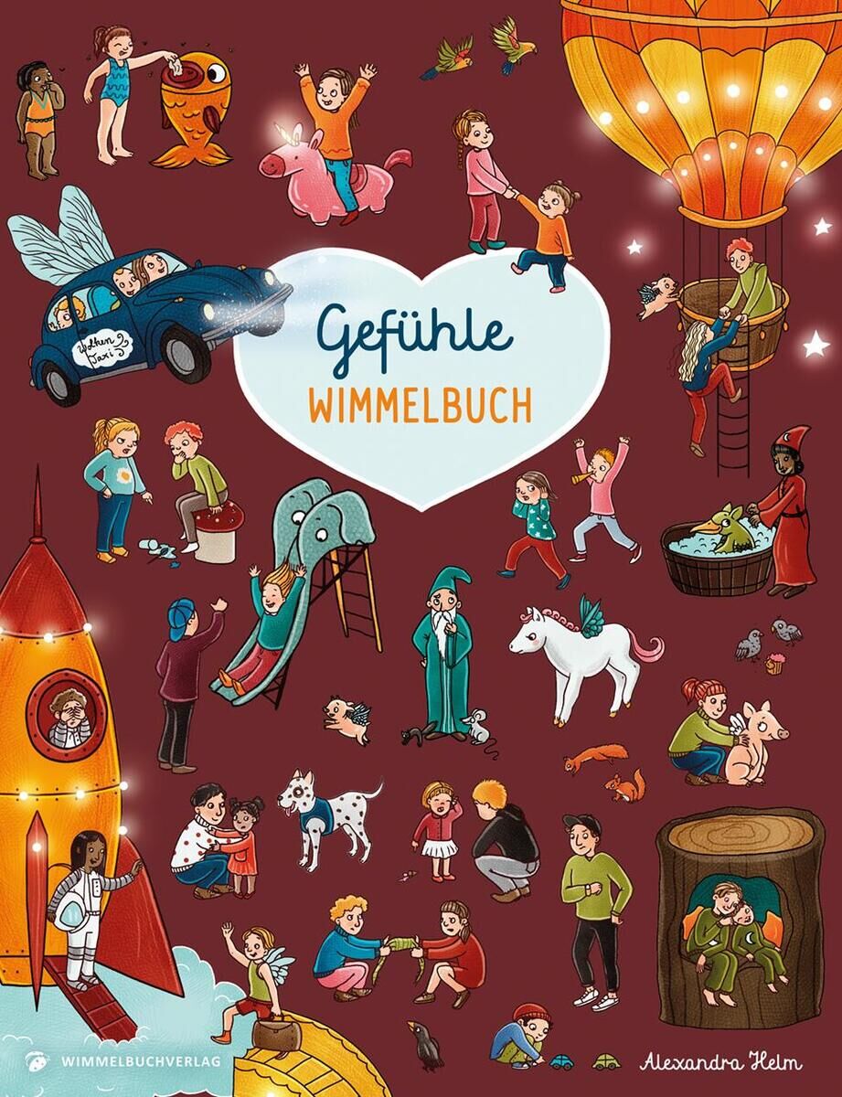 Illustration aus dem 'Gefühle Wimmelbuch', das verschiedene Figuren und Szenen zeigt: Kinder spielen, Tiere, Fantasiegestalten, und emotionale Begegnungen auf einem bunten, roten Hintergrund.