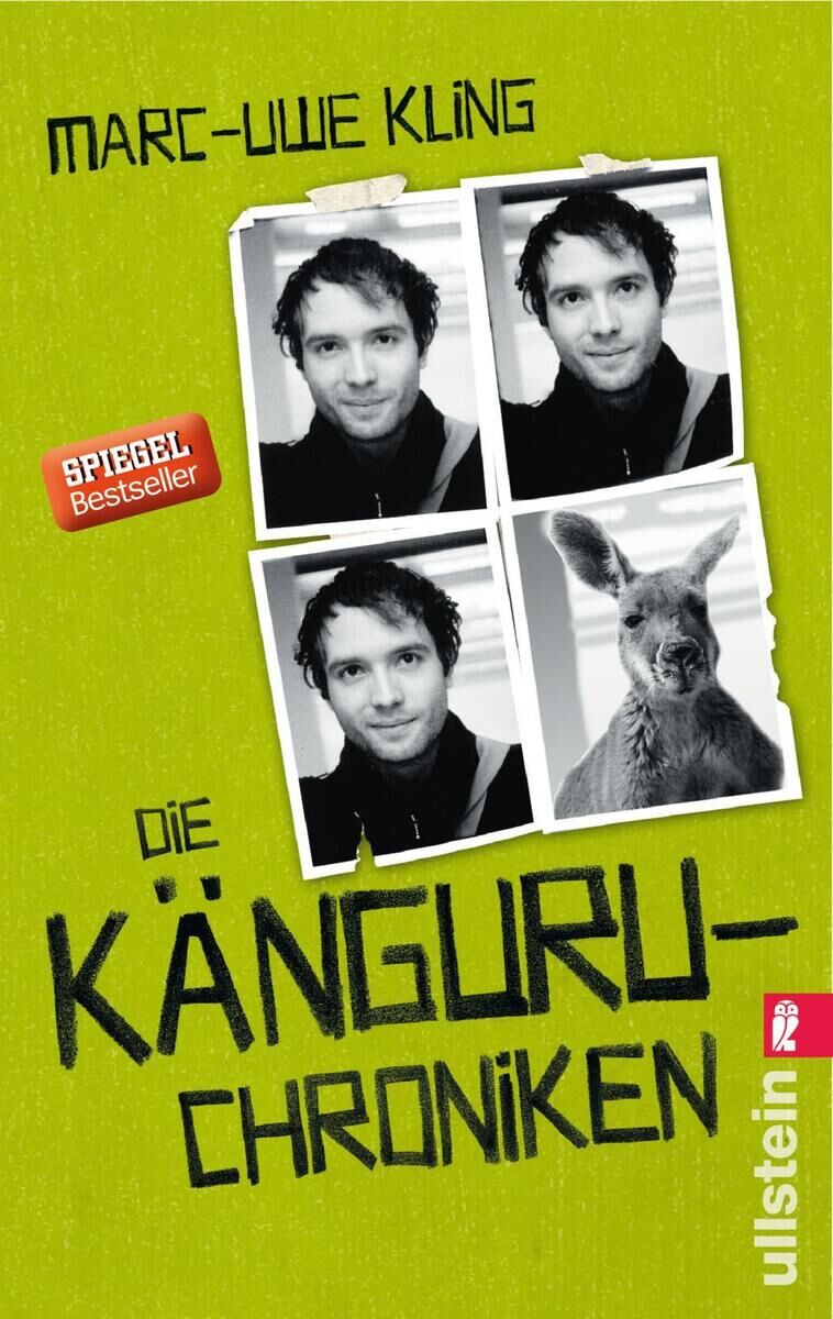 Das Buchcover von 'Die Känguru-Chroniken' von Marc-Uwe Kling zeigt vier Schwarz-Weiß-Fotografien in Filmstreifen-Anordnung vor einem grünen Hintergrund. Drei Fotos zeigen den Autor, das vierte ein Känguru. Der Titel ist in schwarzer, handgeschriebener Schrift abgebildet. Ein roter Aufkleber weist auf den Bestseller-Status hin.