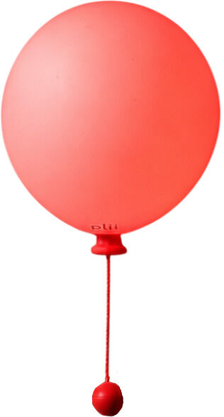 Freigestellte Leuchte »Mimo Ballon« von Gingko Design Ltd auf weißem Hintergrund: Ein großer, matt korallroter, kugeliger Silikonballon bildet den Lampenschirm. Unten sitzt ein kleiner roter Ansatz mit feinem Logo; daran hängt eine lange rote Zugkordel mit ovalem Endgewicht zum Ein- und Ausschalten.
