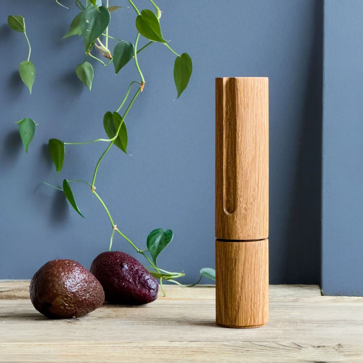 Die Gewürzmühle »TURN« von finbeaux steht auf einer hellen Holzplatte, aus massiv geölter Eiche gefertigt, mit schlanker, geradliniger Silhouette und markanter Griffmulde. Daneben liegen zwei Avocados, im Hintergrund grüne Rankpflanze und eine graublaue Wand.