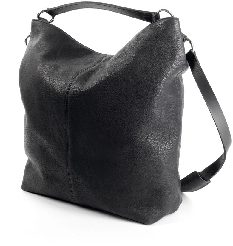 Schwarze Beuteltasche »Chaza Pouch Upend« aus Leder mit einem großen Hauptfach, breitem verstellbaren Schultergurt und minimalistischer, eleganter Optik.