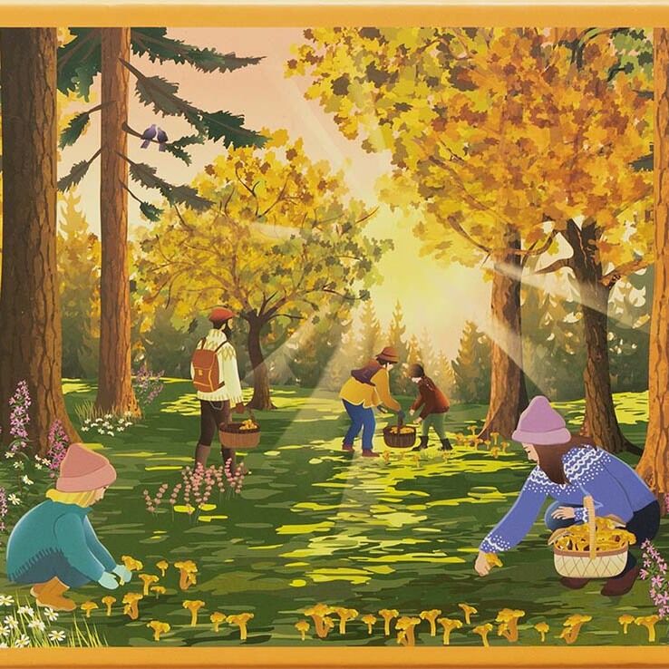 Illustration eines Waldes im Herbst mit mehreren Personen, die Pilze sammeln. Sonnenstrahlen dringen durch die Bäume, es sind verschiedene Pilze und Blumen am Waldboden zu sehen. Die Szene hat eine warme, einladende Atmosphäre und zeigt eine Familienaktivität in der Natur.