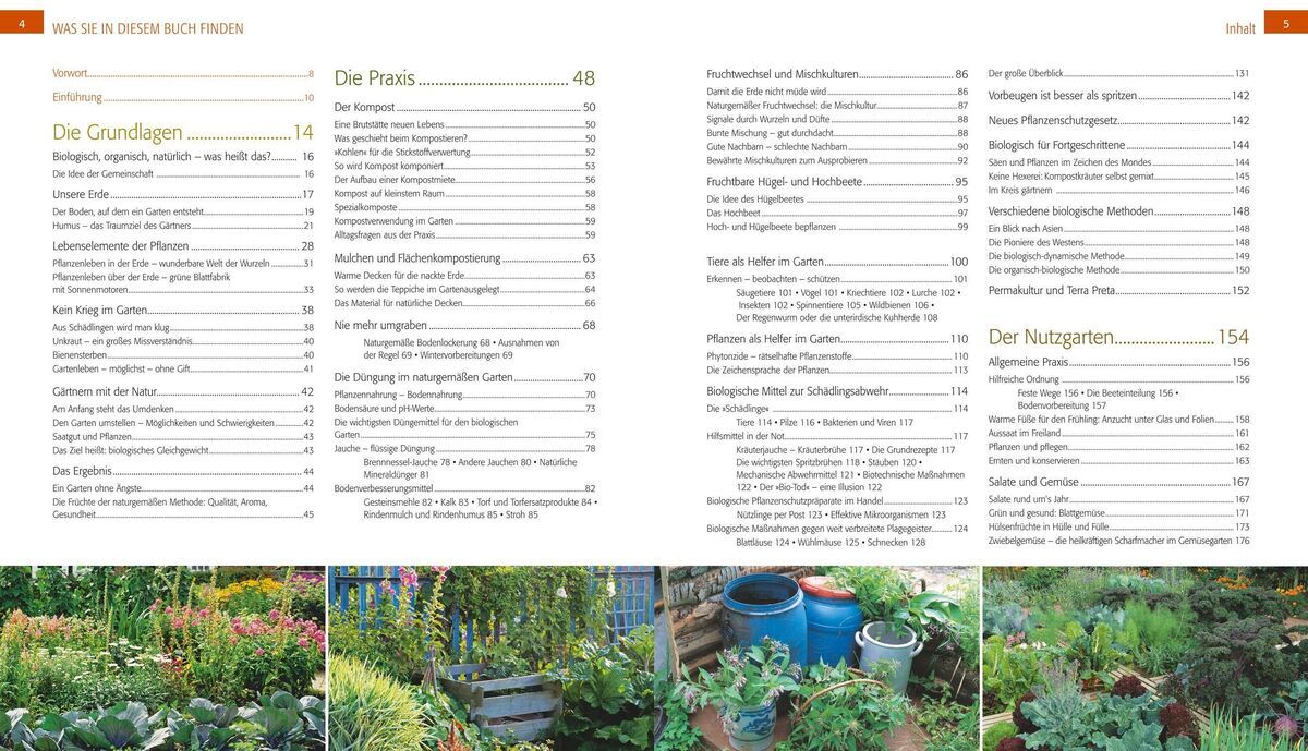 Ein Buch mit dem Titel 'Der Biogarten' von Marie-Luise Kreuter. Die abgebildeten Seiten zeigen das Inhaltsverzeichnis und mehrere Farbfotografien von bunten, gut gepflegten Beeten und Gärten. Ideal für Gartenfreunde und Naturliebhaber.
