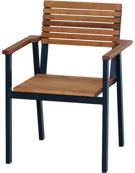 Der »Bozen« Stapelsessel ist eine moderne Gartenmöbel mit einem robusten Metallrahmen und bequemen Holzarmlehnen. Sein Sitz und die Rückenlehne bestehen aus horizontalen hölzernen Latten in einem natürlichen Braunton.