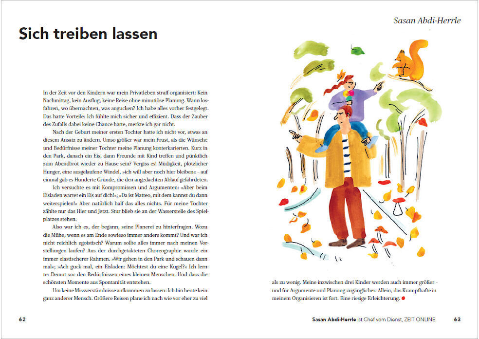 Eine Doppelseite aus dem Buch 'Vom Kind gelernt' zeigt links Text und rechts eine bunte Illustration von einem spielenden Kind, umgeben von einem Eichhörnchen und Pflanzen. Der Hintergrund ist weiß und die Farben der Zeichnungen beinhalten Blau, Orange, Grün und Gelb.