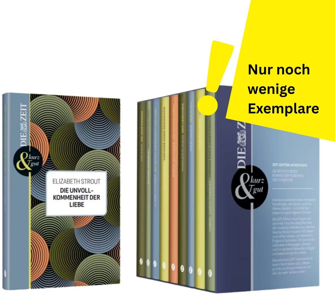 Neun gebundene Bücher der ZEIT-Edition »kurz & gut« im edlen, farbigen Schuber, jede mit modernem, grafischem Coverdesign. Rechts oben gelbes Banner mit Ausrufezeichen und dem Hinweis „Nur noch wenige Exemplare“. Die Bücher stehen seitlich und frontal sichtbar.