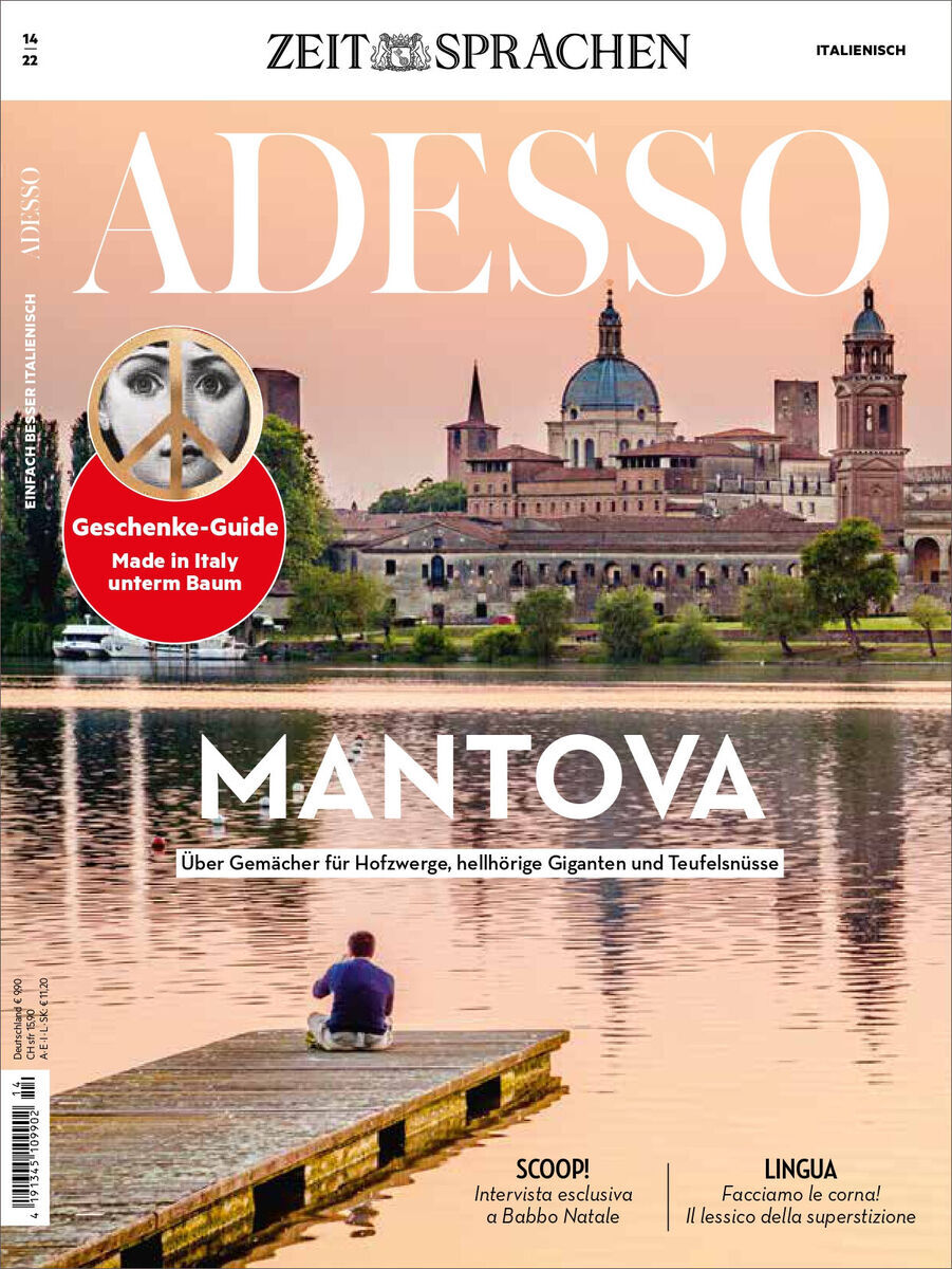 Cover des Adesso Magazins Ausgabe 14/2022 mit einem Bild von Mantua im Hintergrund, italienischer Architektur, und einem Mann, der auf einem Holzsteg am Wasser sitzt.
