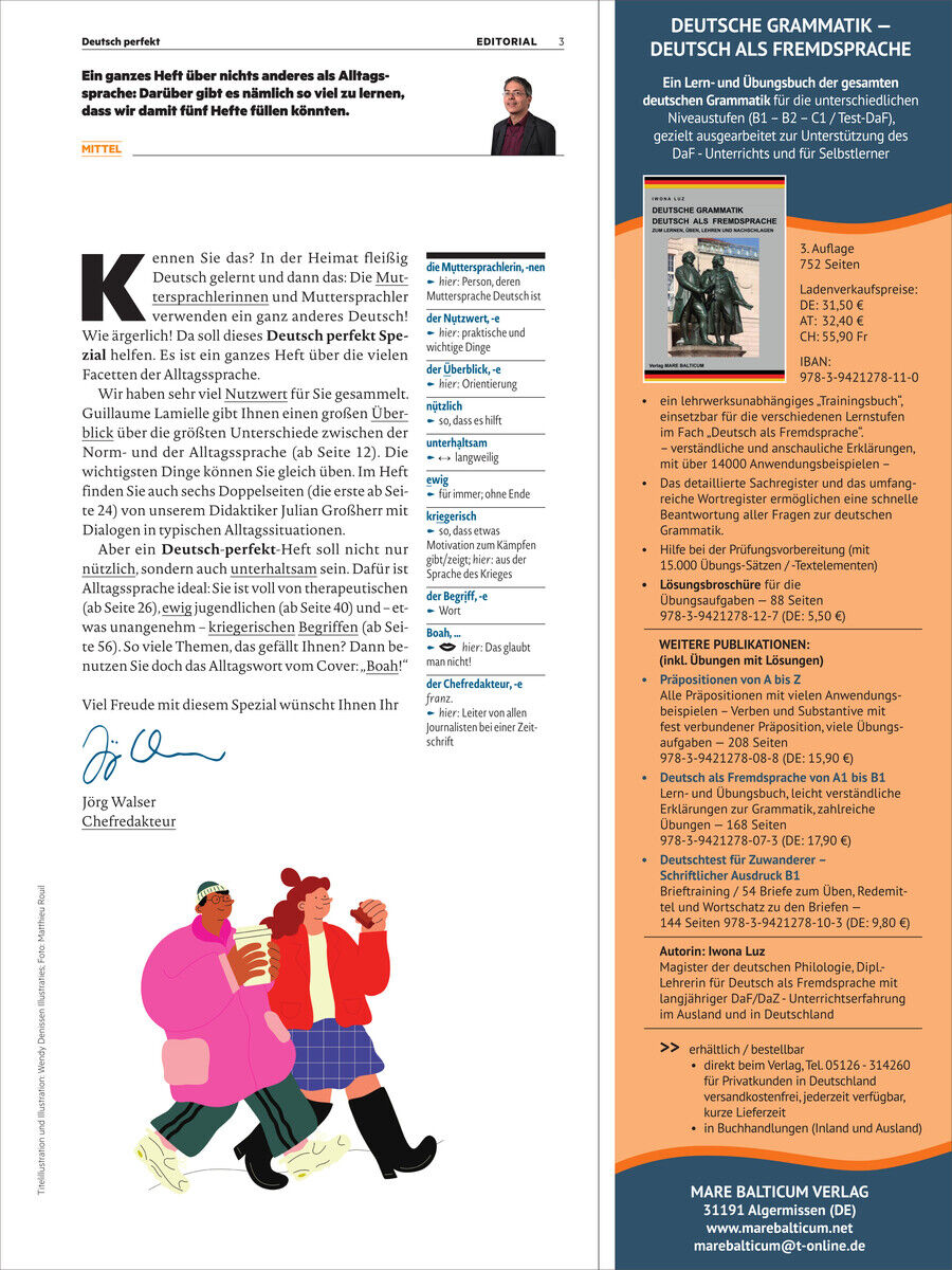 Die 'Deutsch perfekt Magazin 12/2024 Sonderausgabe' zeigt eine Editorial-Seite mit Textblöcken und Illustrationen. Enthält Informationen zur deutschen Sprache und Grammatik. Das Design ist informativ mit einer Farbpalette aus Weiß, Rot, Blau, Schwarz und Orange.