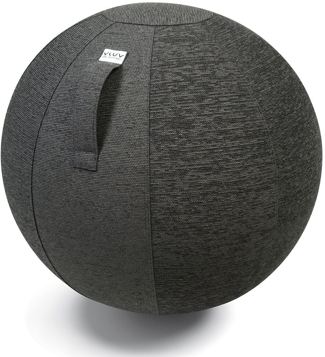 Ein ergonomischer Sitzball der Marke Vluv Stov, gefertigt aus dunkelgrauem Stoff, ideal für Büro- und Heimgebrauch. Der Sitzball besitzt einen Tragegriff an der Seite.