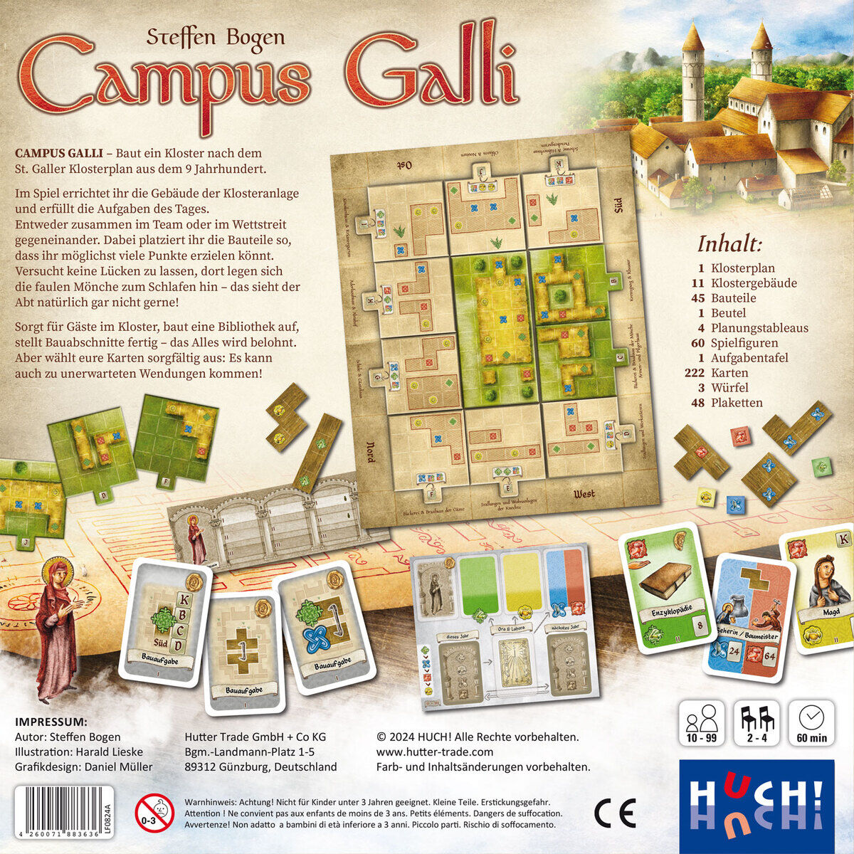 Rückseite der Spielverpackung von 'Campus Galli'. Enthält eine Abbildung des Spielbretts, der Spielfiguren und eine Liste der Spielinhalte mit detaillierten Illustrationen und einer kurzen Einführung zum Thema des Spiels.