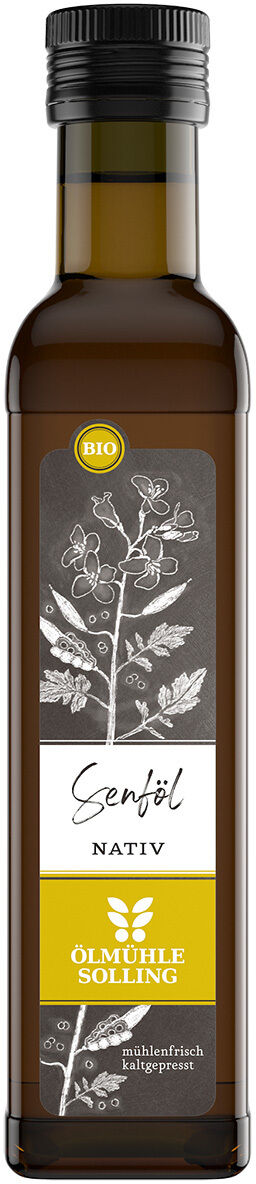 Abgebildet ist eine 250-ml-Flasche BIO Senföl von Ölmühle Solling. Die Glasflasche ist braun, mit einem schwarzen Schraubverschluss. Das Etikett zeigt eine stilisierte, weiße Pflanzenzeichnung, Produktname, Bio-Siegel und den gelben Markenbereich unten.