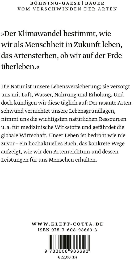 Rückseite des Buches 'Vom Verschwinden der Arten' von Bauer, Friederike. Das Buch beschreibt die Bedrohung der Artenvielfalt und mögliche Maßnahmen zum Schutz der Natur. ISBN 978-3-608-98669-3.