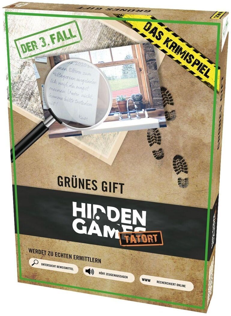Schachtel des Spiels 'Hidden Games Tatort: Grünes Gift 3.Fall' mit Detektiv- und Krimispiel-Themen, in grünen und braunen Farben gestaltet.