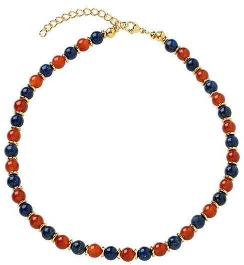 Collier von Petra Waszak namens »Perlen des Nils« mit roten und blauen Perlen sowie einer goldenen Kette.