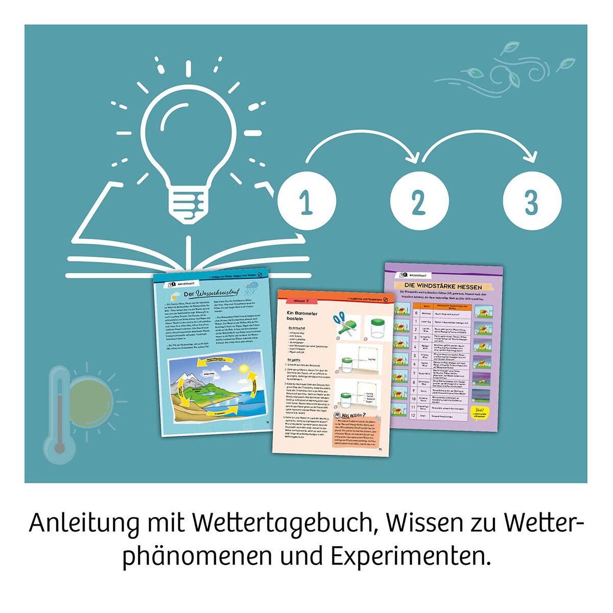 Abbildung einer Wetterstation für Kinder mit illustrierten Anleitungen, Wettertagebuch und Experimentieranleitungen, dargestellt auf türkisfarbenem Hintergrund mit Symbolen für Wissenschaft und Wetter. Geeignet zur Förderung von naturwissenschaftlichem Lernen und Experimentieren.