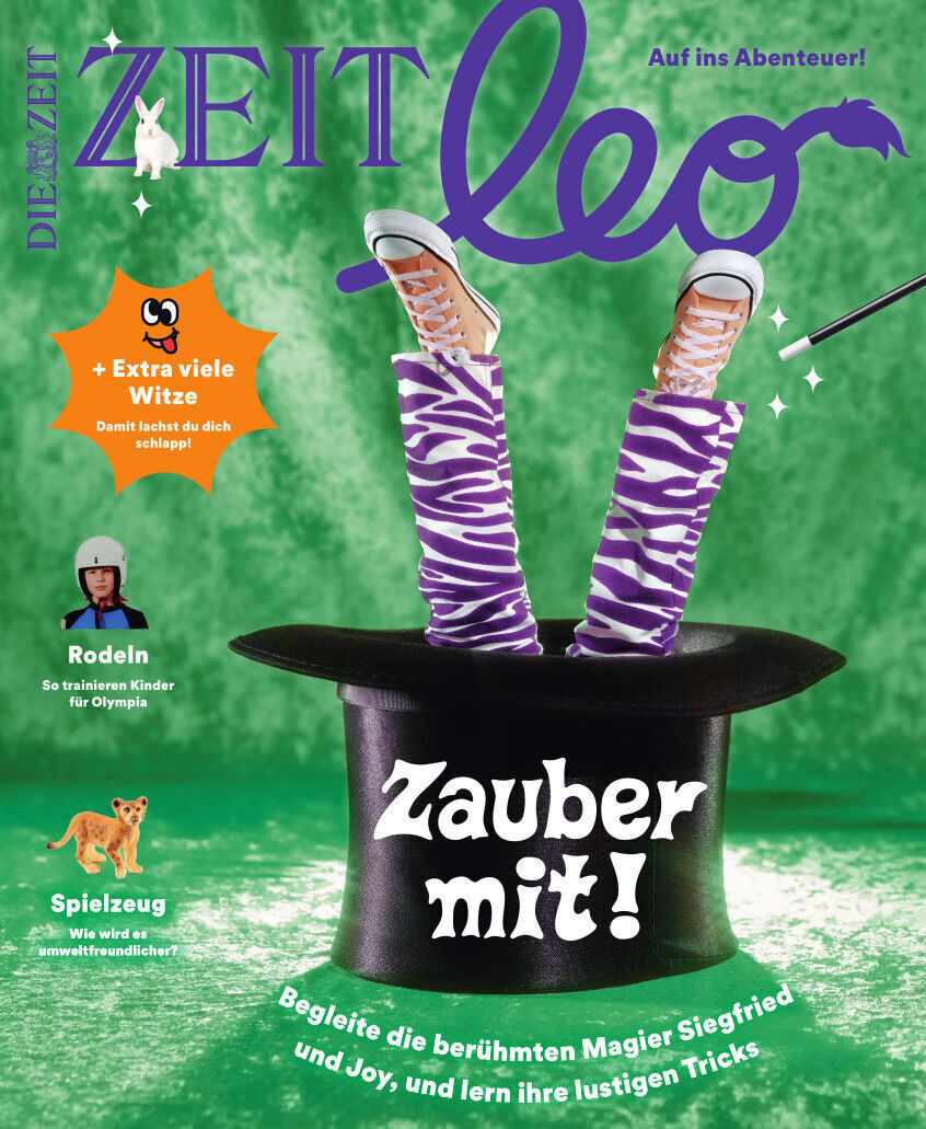 Cover der Zeitschrift 'Zeit Leo 1/24 Zauber mit!' mit einem grünen Hintergrund, einem Zauberzylinder und lila gestreiften Beinen, die aus dem Hut herausschauen. Weitere Elemente sind Hinweise auf Witze und Spielzeug sowie Bilder von Rodin und einer Magic-Show.