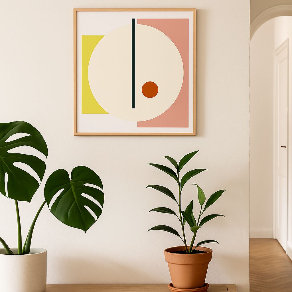 Quadratisches Leinwandbild mit abstrakter Geometrie in Cremeweiß, Rosa, Senfgelb und Orange. Im modernen Einrichtungsstil an einer hellen Wand über einer hellen Holzkommode mit zwei grünen Zimmerpflanzen platziert.