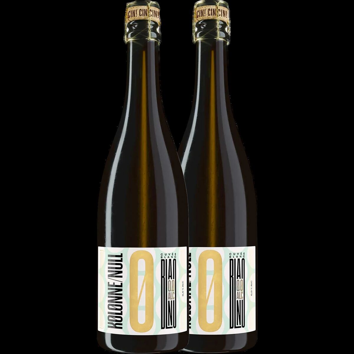 Zwei stilvolle, alkoholfreie Getränkeflaschen des »Berlin Spritz Bundles« von Kolonne Null stehen nebeneinander, mit modern gestaltetem Etikett in Schwarz, Gold und Pastellfarben auf weißem Grund. Die Flaschen sind unverschlossen und wirken elegant, passend für Feiern oder besondere Anlässe ohne Alkohol.