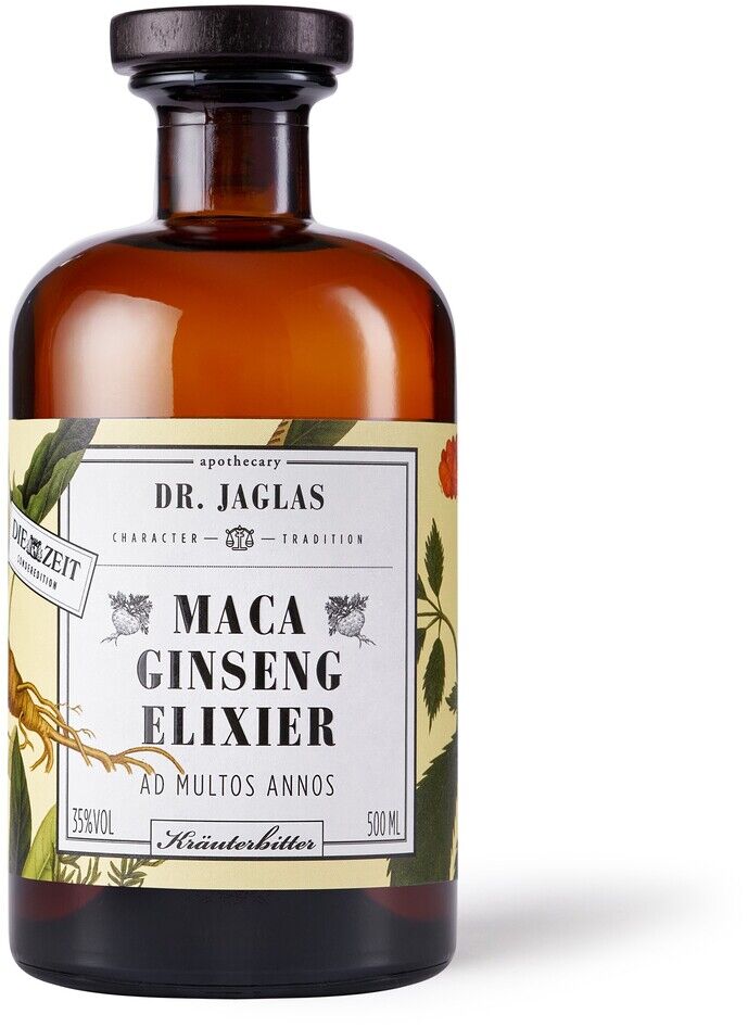 Eine braune Glasflasche mit dem Etikett 'Dr. Jaglas Maca Ginseng Elixier' und botanischen Illustrationen im Hintergrund. Das Etikett enthält Informationen über das Produkt, wie z.B. dass es sich um eine Sonderedition eines Kräuterbitters handelt.