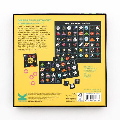 Die Rückseite der Verpackung des Spiels 'Weltraum-Bingo' zeigt verschiedene Spielkarten mit farbigen Illustrationen von Weltraumobjekten wie Astronauten, Planeten, Raumschiffen und Sternen. Oberhalb der Karten befindet sich eine kurze Spielbeschreibung auf Deutsch. Im unteren Bereich stehen weitere Informationen und ein Barcode. Das Design ist farbenfroh mit überwiegend schwarzem Hintergrund, gelben Textfeldern und bunten Symbolen.