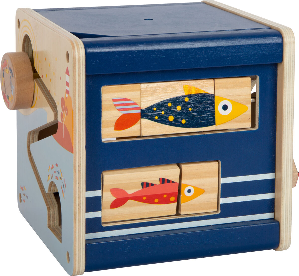 Holzwürfel-Spielzeug mit Ozeanmotiven, speziell Fische, in verschiedenen Farben und mit mehreren Lern- und Motorikförderfunktionen. Geeignet für Kleinkinder und Babys.