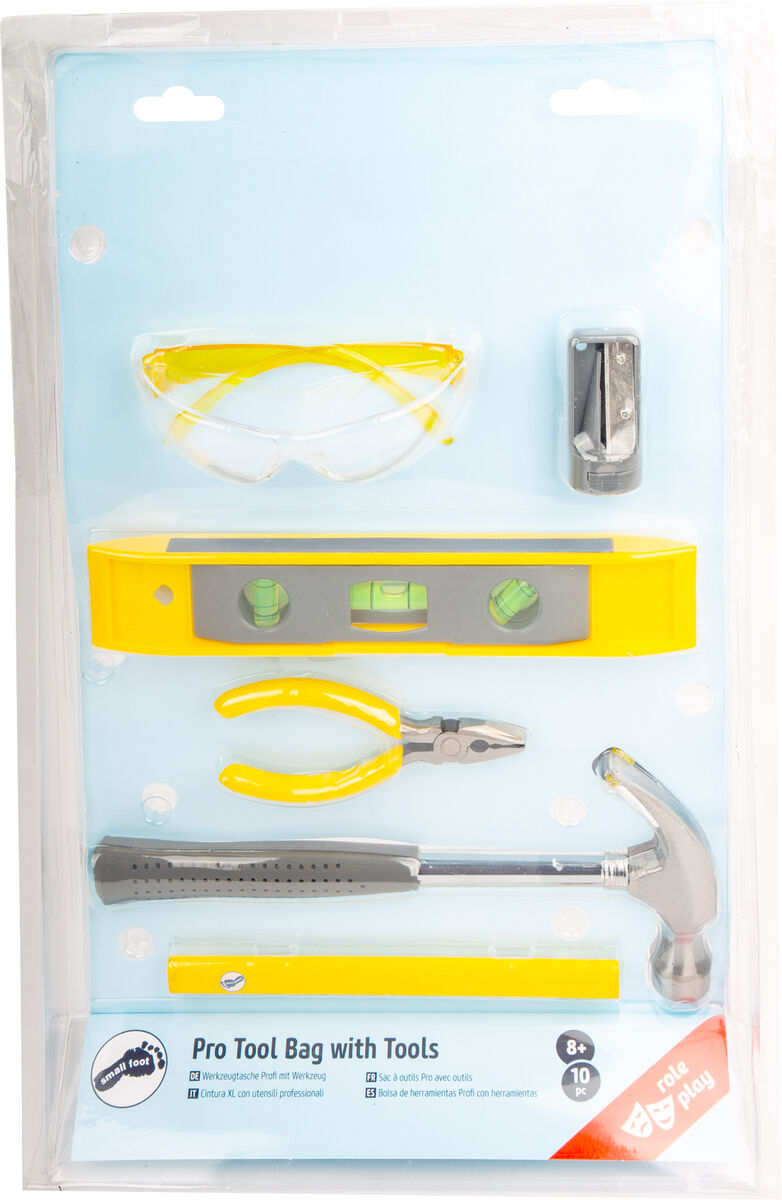 Set mit Spielzeugwerkzeugen für Kinder, inklusive einer Schutzbrille, einem Messer, einer Wasserwaage, einer Zange, einem Hammer und einem Messstab in einer transparenten Verpackung.