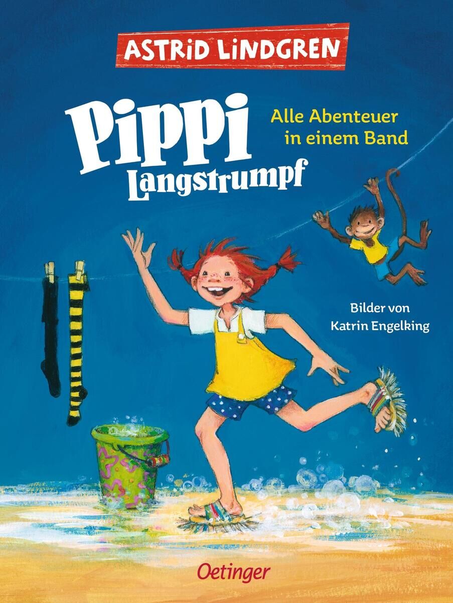 Ein buntes Buchcover des Titels 'Pippi Langstrumpf. Alle Abenteuer in einem Band' von Astrid Lindgren. Es zeigt Pippi Langstrumpf in einem gelben Kleid mit rotem Haar, wie sie fröhlich mit gehobenen Armen posiert. Im Hintergrund sind das Meer und ein Affe mit gespreizten Armen zu sehen. Eine grüne Tonne und eine gestreifte Socke stehen auf dem Boden. Bilder von Katrin Engelking.