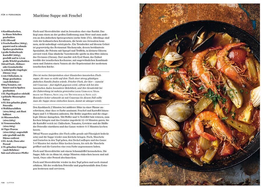 Ein Kochbuch namens 'Jerusalem' von Yotam Ottolenghi und Sami Tamimi zeigt ein Rezept für maritime Suppe mit Fenchel. Das Bild zeigt eine Pfanne mit Meeresfrüchten, Fenchel und Tomaten, beworben mit Text und Zutatenliste auf der linken Seite.