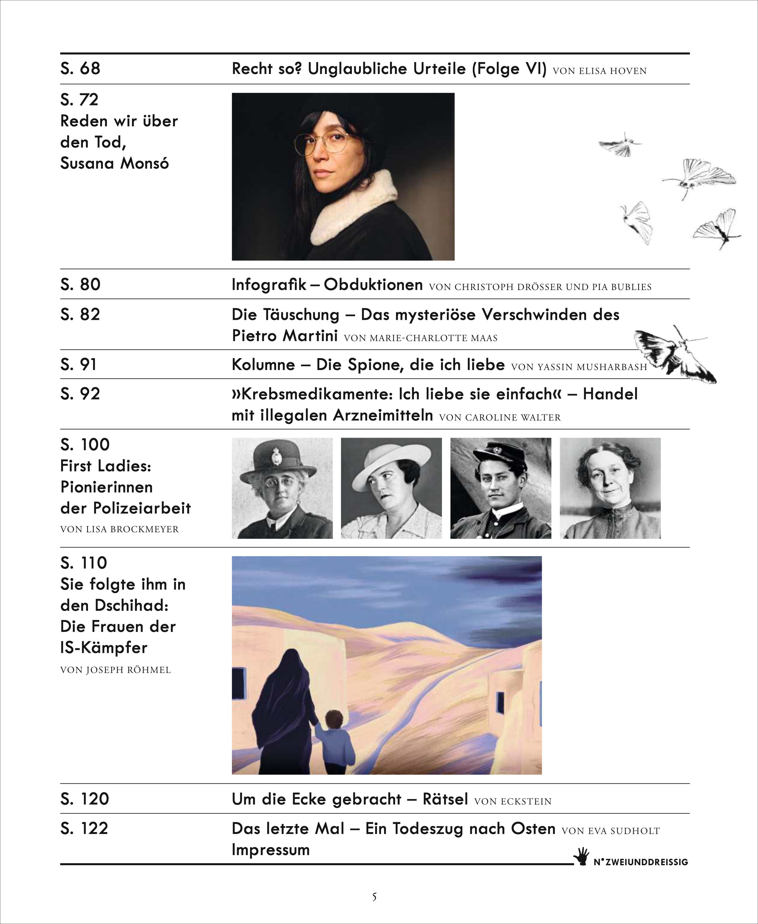 Titelseite des ZEIT VERBRECHEN Magazins mit Bildern, Artikeltiteln und Autoren. Präsentiert verschiedene investigative Themen und Kriminalfälle.