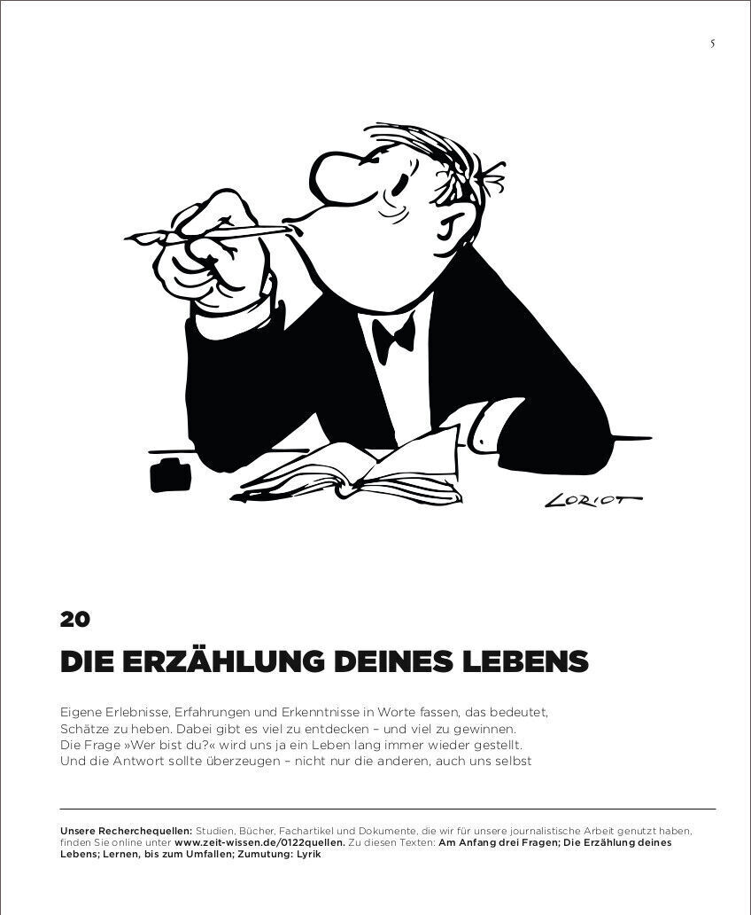 Illustration eines Mannes mit einer Feder in der Hand, der nachdenklich vor einem Blatt Papier sitzt. Unter der Illustration steht der Titel 'Die Erzählung deines Lebens' sowie ein Text über das Fassen eigener Erlebnisse und Erfahrungen in Worte. Links unten sind Markierungen für die Recherchequellen und den Umschlag zu sehen.