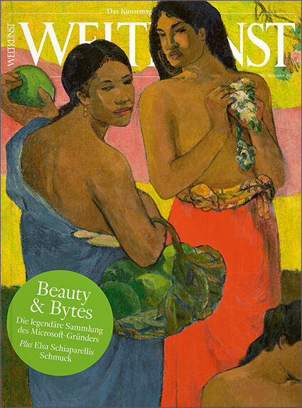 Cover des Kunstmagazins WELTKUNST 206/22 mit dem Titel 'Beauty & Bytes'. Das Titelbild zeigt ein Gemälde von Paul Gauguin, das mehrere Figuren in farbenfroher Kleidung darstellt. Ein grüner Kreis auf dem Cover hebt die Themen des Magazins hervor, darunter die Sammlung des Microsoft-Gründers und Schmuck von Elsa Schiaparelli.