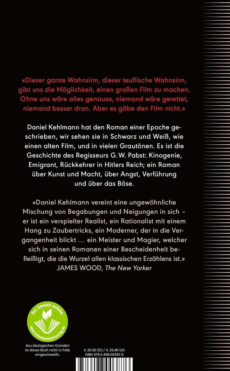 Rückseite des Buches "Lichtspiel" von Daniel Kehlmann mit Zitaten und Beschreibung des Inhalts. Das Buch ist überwiegend schwarz, mit weißem und rotem Text sowie einem grünen Stempel am unteren linken Rand.