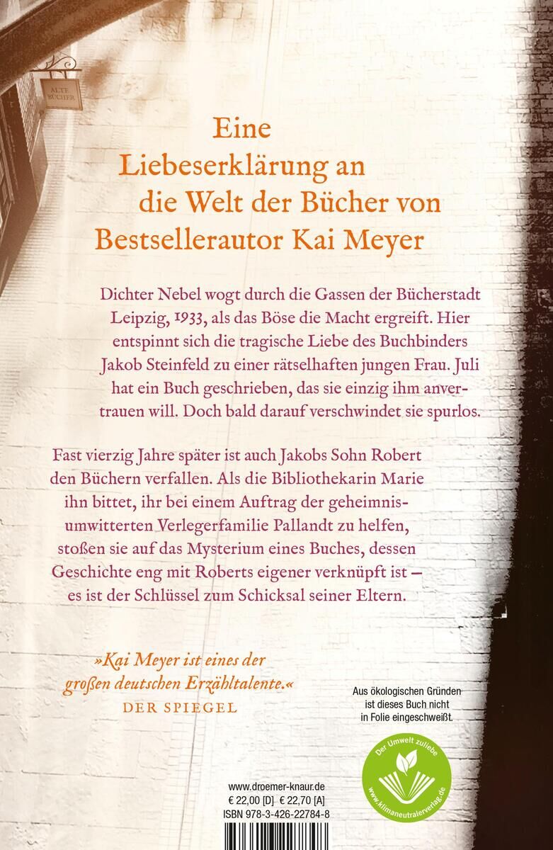 Ein Buchumschlag mit dem Titel 'Der Junge und die Nacht' von Kai Meyer. Der Hintergrund ist beige mit schwarzen Akzenten und zeigt eine kurze Beschreibung der Geschichte. Das Cover enthält romantische und geheimnisvolle Elemente. Eine Buchkritik von 'Der Spiegel' ist ebenfalls sichtbar.