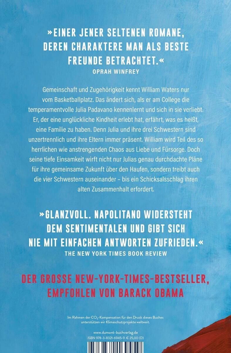 Buchdeckel in Blau mit roten und weißen Akzenten. Enthält Zitate von Oprah Winfrey und der New York Times Book Review sowie eine Empfehlung von Barack Obama. Titel des Buches: 'Hallo, du Schöne' von Napolitano.