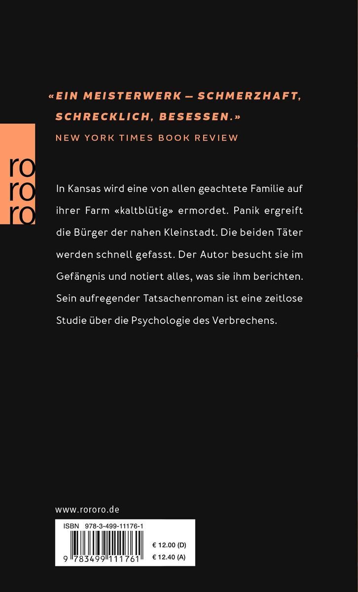 Rückseite des Buches „Kaltblütig“ von Truman Capote. Ein Zitat einer Buchrezension der New York Times ist oben abgebildet, darunter eine Zusammenfassung des Buchinhalts. Es sind auch die ISBN-Nummer und der Preis zu sehen.
