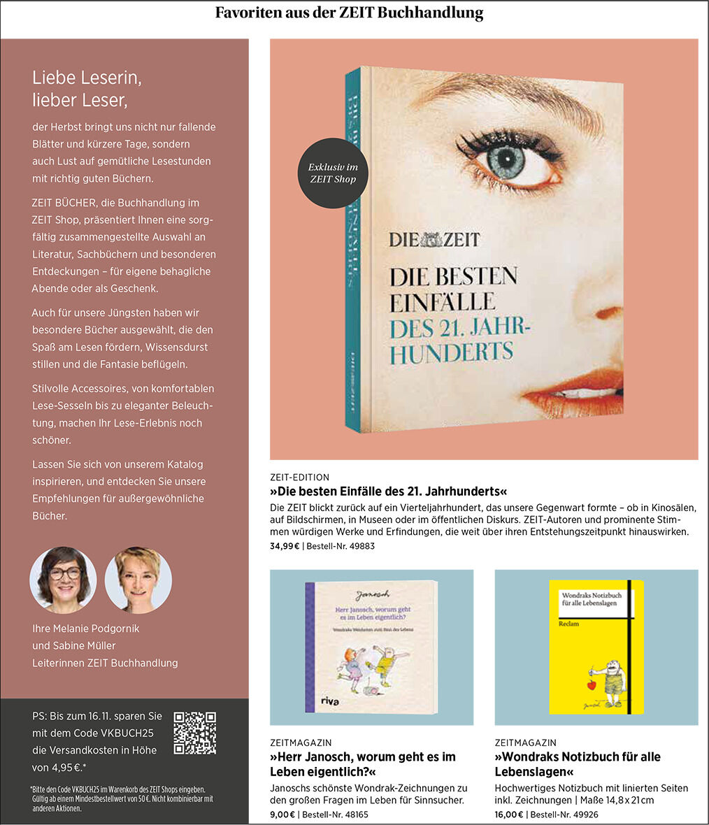 Abbildung eines Katalogs mit Buchempfehlungen für die Buchmesse, darunter das Buch 'Die besten Einfälle des 21. Jahrhunderts' sowie weitere Literaturvorschläge. Der Katalog zeigt verschiedene Buchcover, Texte und Illustrationen in hellen Farben auf weißem Hintergrund. Geeignet für Literaturinteressierte und Buchliebhaber.