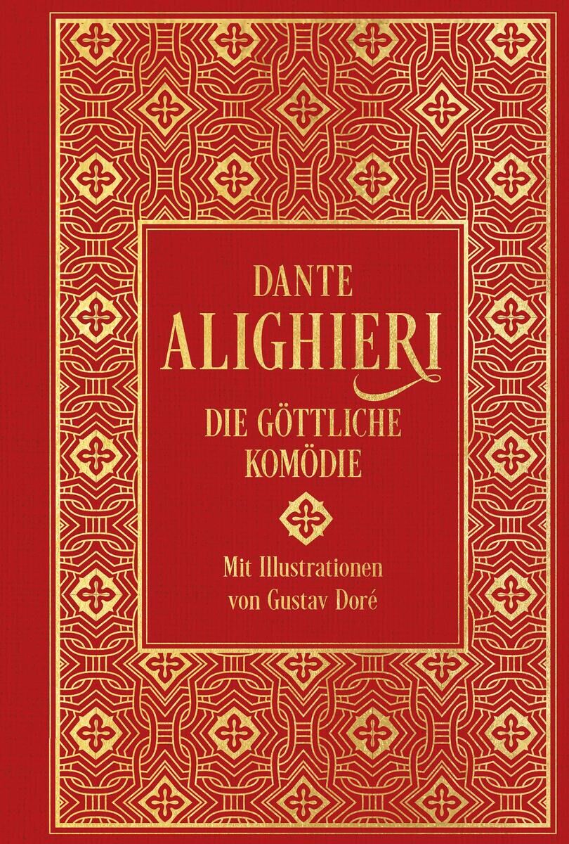 Ein Buchcover von 'Die Göttliche Komödie' von Dante Alighieri, mit Illustrationen von Gustav Doré. Das Cover ist rot mit goldenen Verzierungen und Schrift.