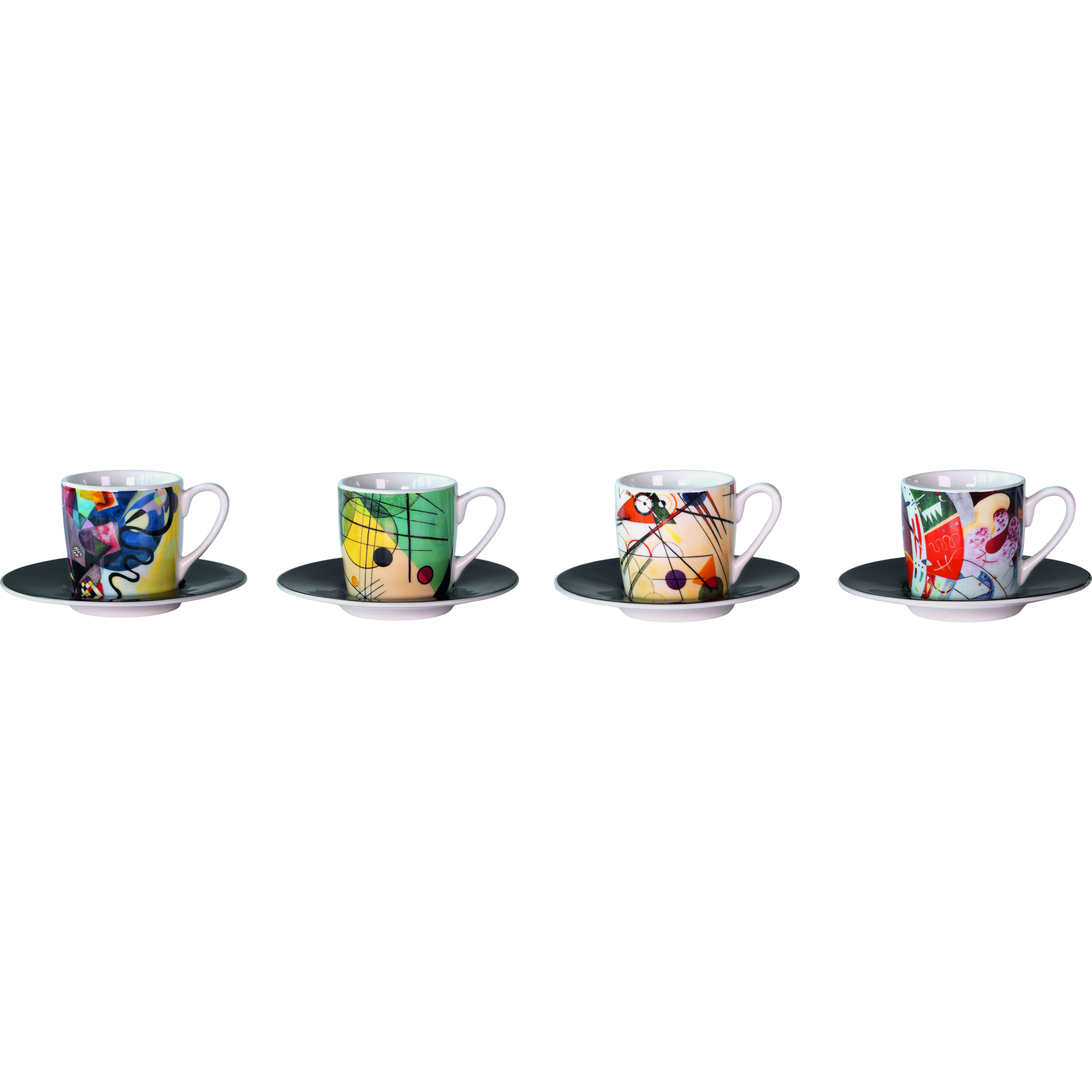 Vier Espressotassen aus Porzellan, jede mit einem farbenfrohen abstrakten Kunstmotiv im Stil von Wassily Kandinsky, auf schwarzen Untertassen. Das Set ist modern und eignet sich als Geschenk für Kunstliebhaber oder zur stilvollen Dekoration.