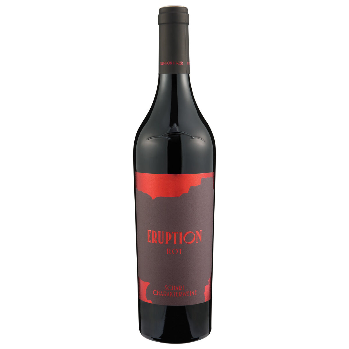 Eine elegante Rotweinflasche des 'Eruption Rot' vom Weingut Josef Scharl. Die Flasche hat ein modernes Etikett in Schwarz und Rot mit klaren Linien und dem Schriftzug 'Eruption Rot'. Der Verschluss ist dunkel und stimmig zum Flaschendesign.