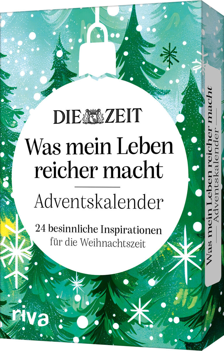 Der Adventskalender »Was mein Leben reicher macht« von DIE ZEIT zeigt eine winterliche Illustration mit grünen Tannen, Schneeflocken und einem großen weißem Kreis in der Mitte mit Titel und Untertitel. Auf der Vorderseite steht: 24 besinnliche Inspirationen für die Weihnachtszeit.